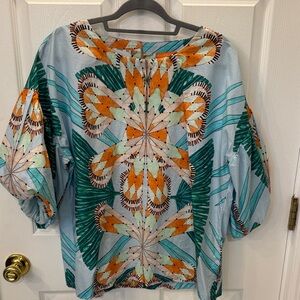 Oliphant Light Blue Blouse with Teal and Orange Floral Motif XL